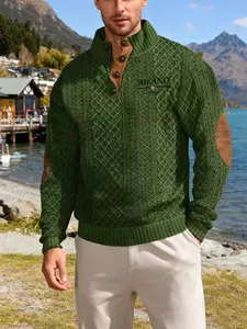 Men's Casual Stand Collar Henry Neck Knit Sweater, Textured Fabric, Leather Patch Decoration, Milan Italy Embroidery, Long Sleeve Top, Knitwear