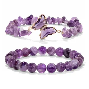 Anxiety Amethyst Butterfly Bracelet Natural Healing Crystal Gorgeous Stone Beads Gemstone Jewelry Energy Love Girlfriend Boyfriend Souvenir Valentine Anniversary New Year Christmas Halloween Birthday Gift