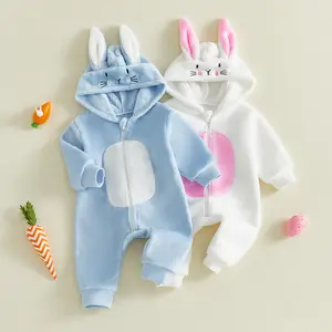 Babamoon Newborn Infant Girl Boy Easter Rompers Costume Long Sleeve Hooded Spring Full Zipper Fleece Rabbit Jumpsuit Easter Bunny Costume 0-18 Months