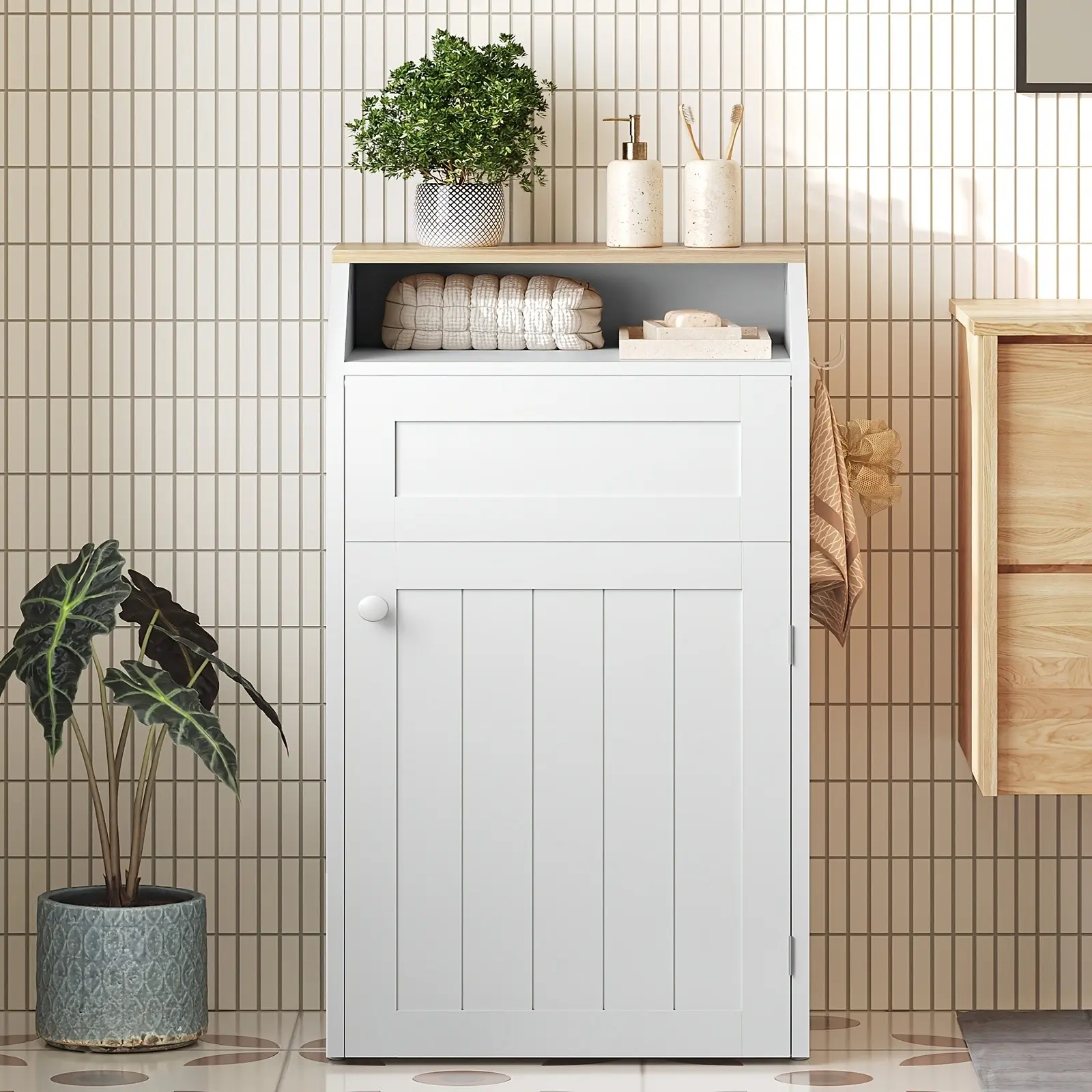 Wooden Recycled Cabinet with Flip Door, Hidden Storage Cabinet, 10 Gallon Laundry Cabinet for Kitchen, Laundry Room, Bathroom, White