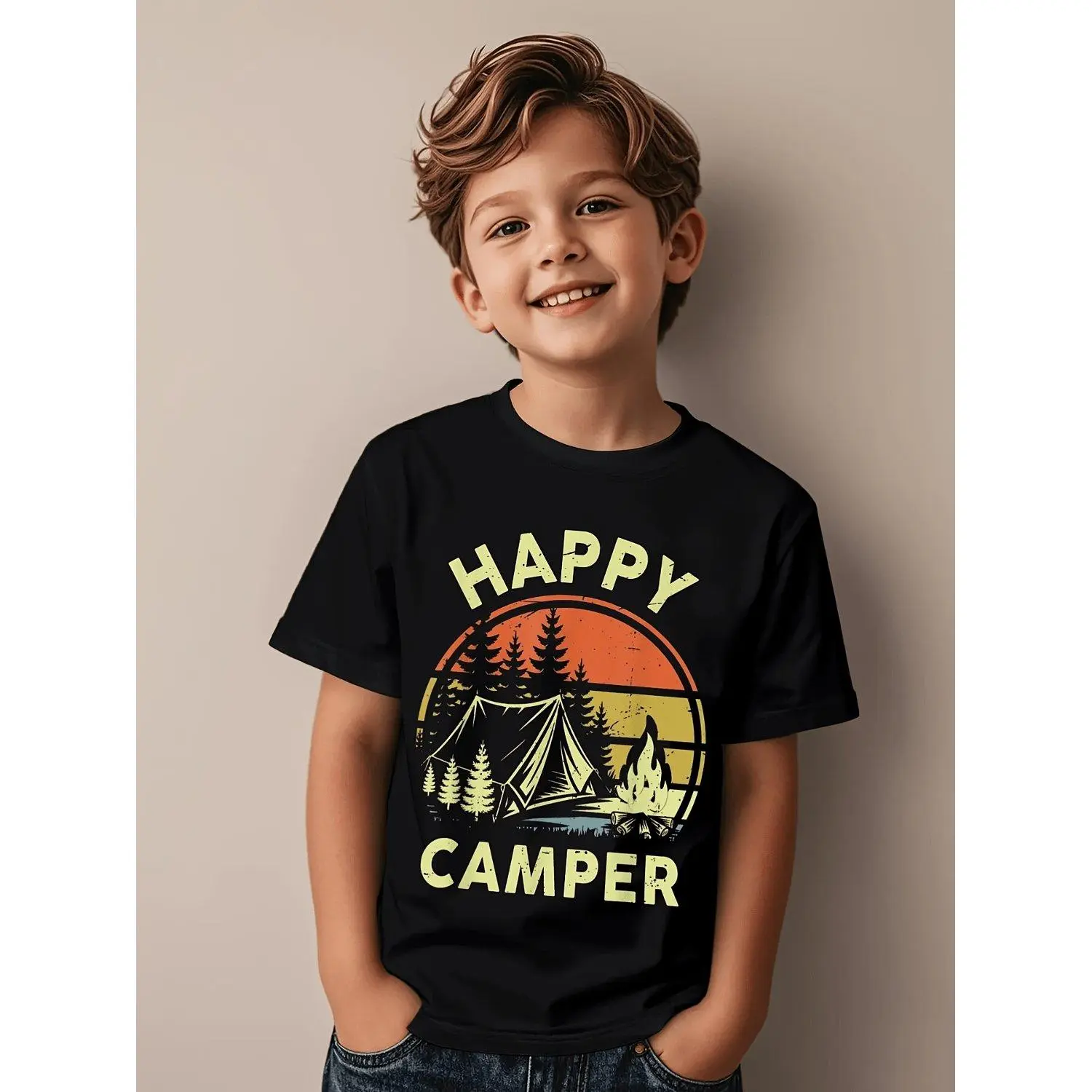 Happy Camping Kid Fun Campfire Pun Funny Cool Graphic Kids T-Shirt, Trendy Children's Tee, Stylish Cool Kids' Top