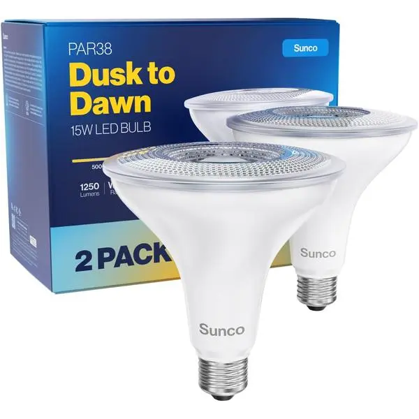 Sunco LED Flood Light Bulb, Waterproof PAR38 Dusk to Dawn Outdoor Lighting, 1250 LM, 120W Equivalent 15W, Exterior, Wet-Rated, 5000K Daylight, E26 Base, for Porch Garage Yard, UL 2 Pack.