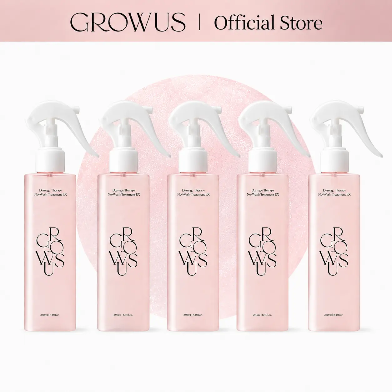 Damaged Hair Leave-in Treatment Spray 5 Pack | Ceramide, Hydrolyzed Keratin & 7 Collagen | Rose Musk Scented Hair Perfume | Anti-Frizz Glossy Shine for Dry Color-Treated Hair | GROWUS Due Rose 250ml