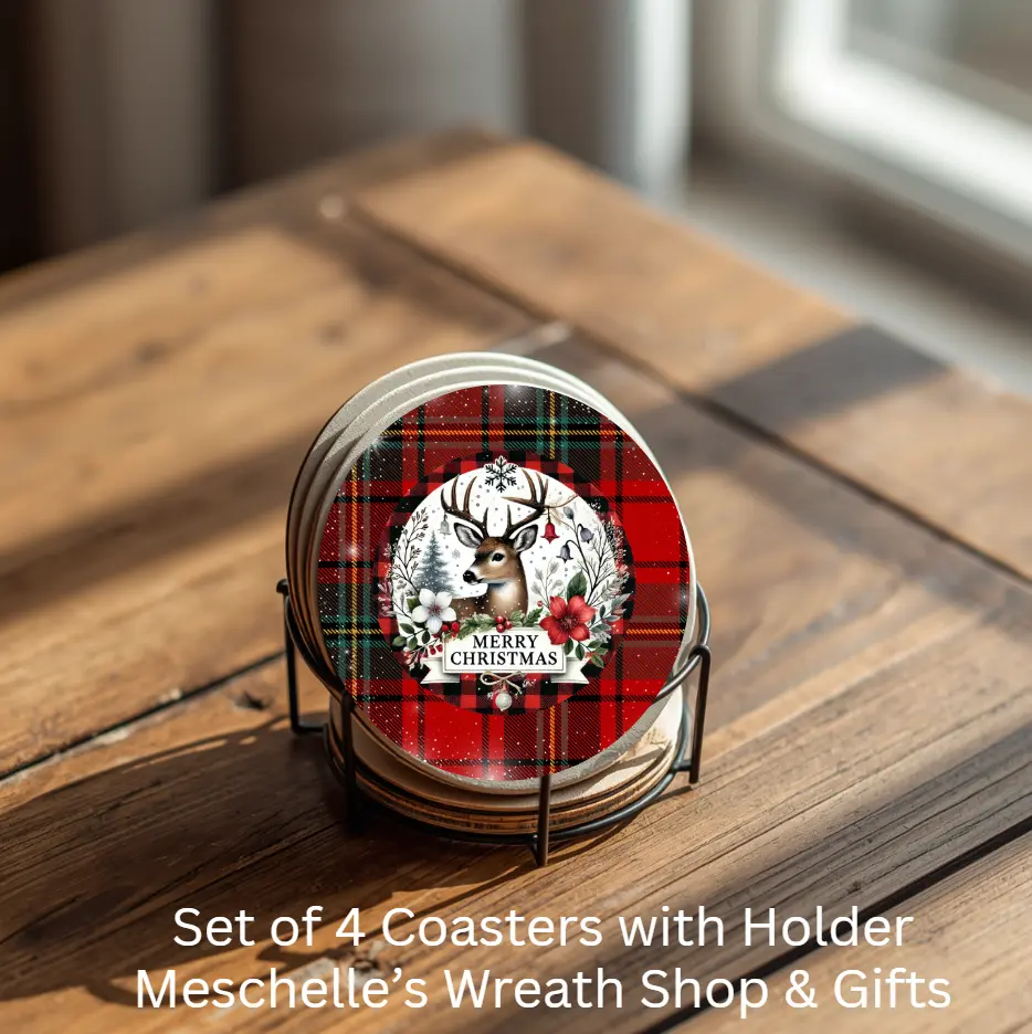 Round Christmas Deer House Ceramic Coasters - Set of 4 with Metal Holder
