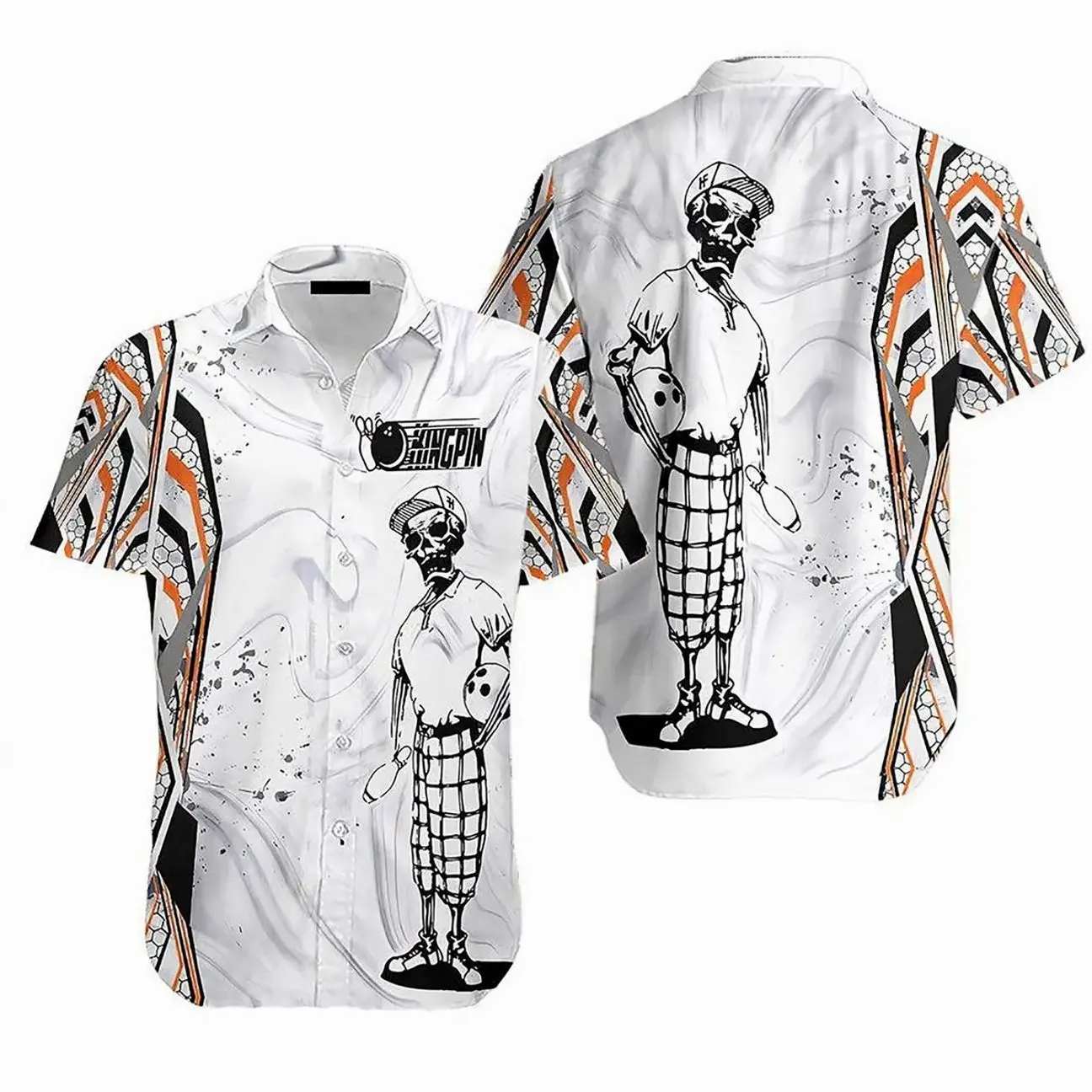 Kingpin Bowling Skull Sport Lover Colorful Hawaiian Shirt - 100% Woven Polyester, Casual V-Neck, Short Sleeve, Available in Sizes S to 5XL - Menswear X