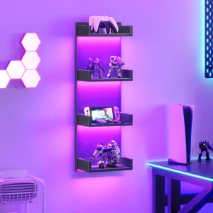 HOOBRO Floating Wall Shelves with LED Lights, 4-Tier Floating Shelf Wall Mounted for Storage, Vertical Display Stand, Modern Column Rack, for Bedroom, Living Room, Hallway, Black