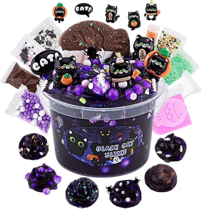 Black Cat Halloween Slime Kit for Kids Purple Slime with 9 Cat Charms DIY Slime Toy Halloween Party Favors Goodie Bag Stuffers & Gifts for Boys & Girls