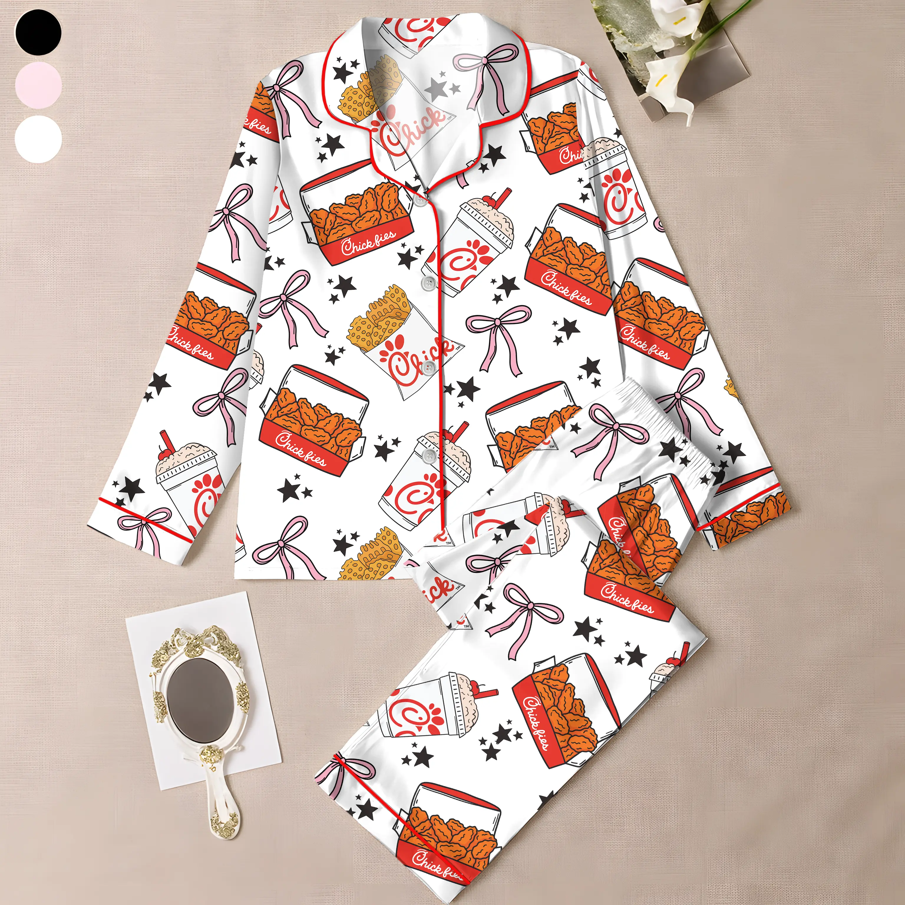 Chicken Nuggets Coquette Satin Pajamas for Women ,Funny Cute Chicken Sleepwear, Comfy Satin Lounge Set for Holiday Gift