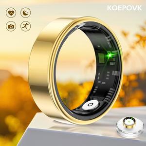 KOEPOVK Smart Ring for Men & Women Gold IP68 Waterproof Fitness & Wellness Tracker with Heart Rate Sleep Calories Stress Monitoring & Bluetooth Remote Photo Capture TK1