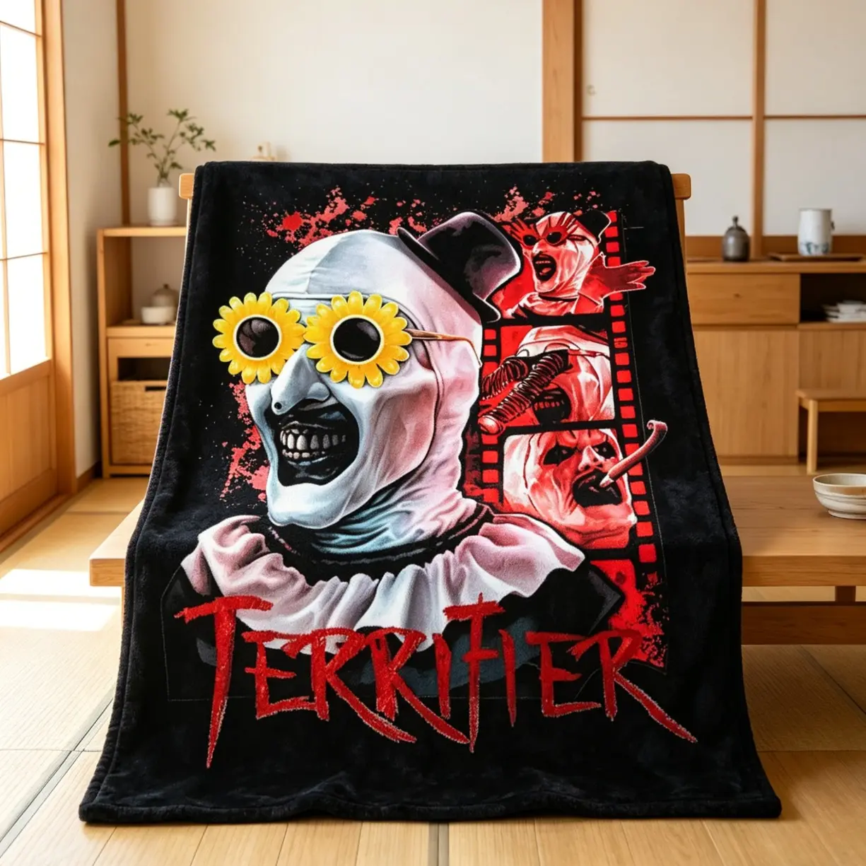 Terrifier Clown Flannel Blanket, Art the Clown Print Cozy Throw Blanket, Soft Warm Horror Blanket for Sofa Bed, Halloween Decor Gift