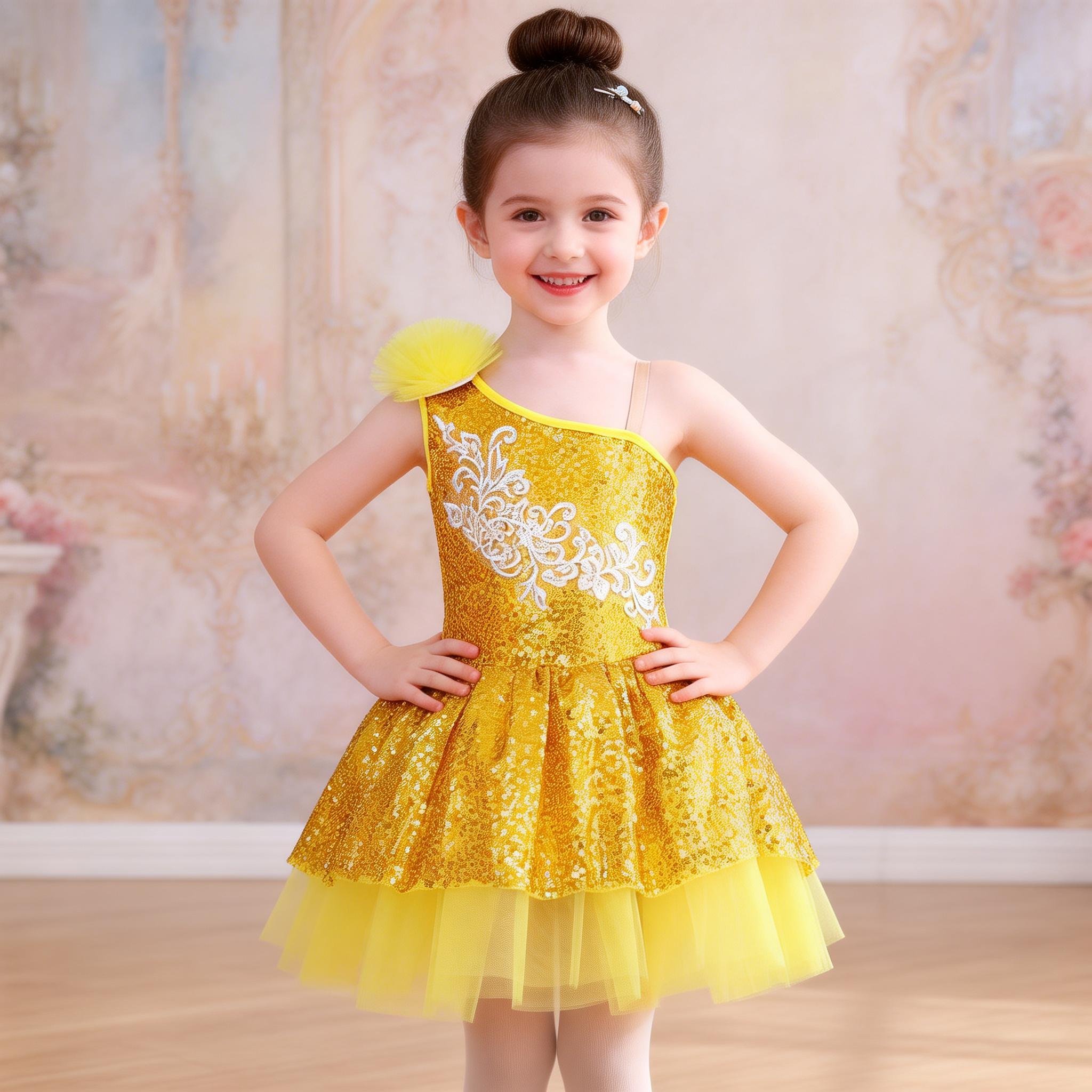 Kids Pink Sequin Ballet Tutu Dress for Girls, One Shoulder Sparkle Dance Costume for Dance Outfit for Stage Show &Party