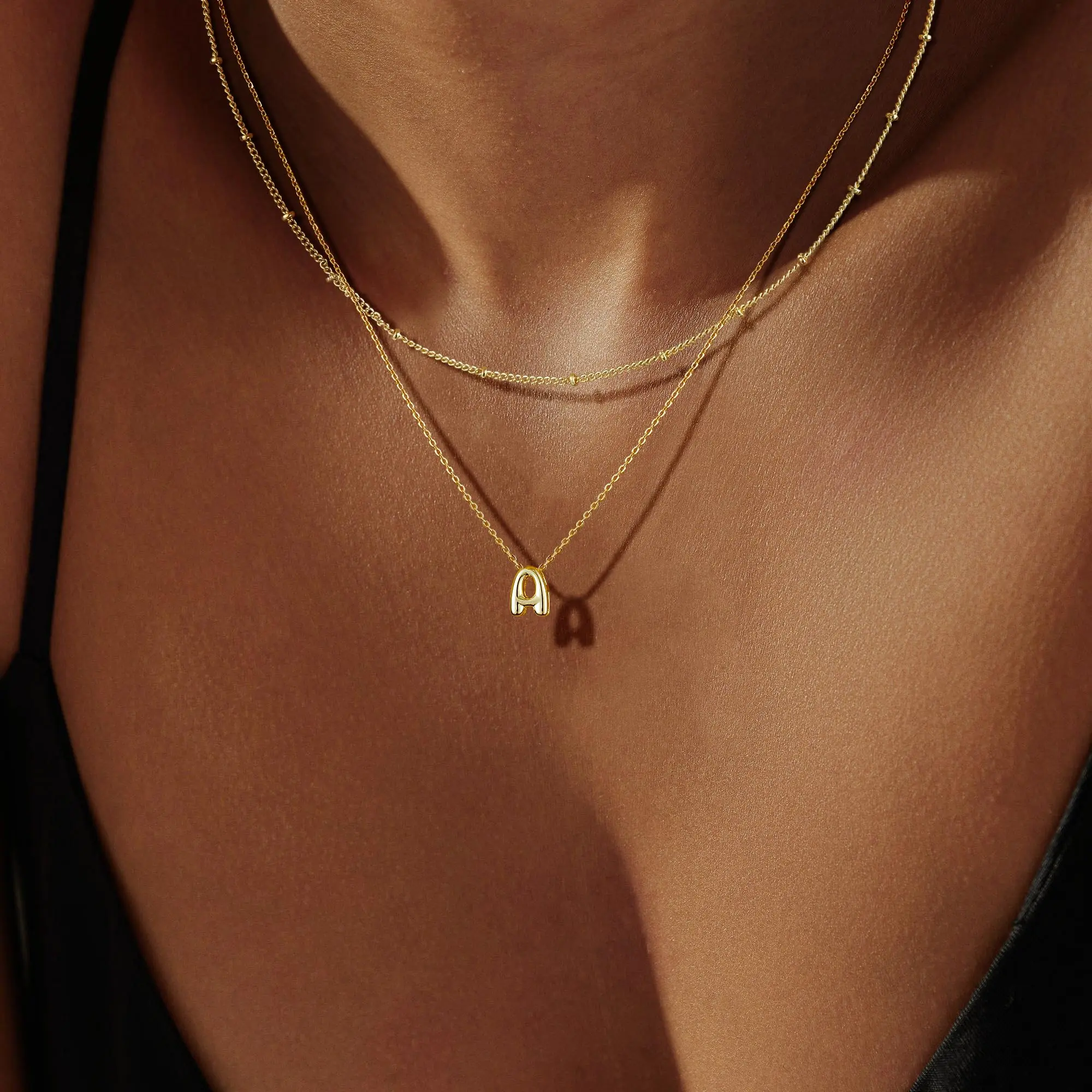 Tiny Beaded Double Layer Initial Necklace 14K Gold Plated Small Letter A Pendant Stackable Dainty Choker Minimalist Daily Wear Jewelry for Teen Girls Women