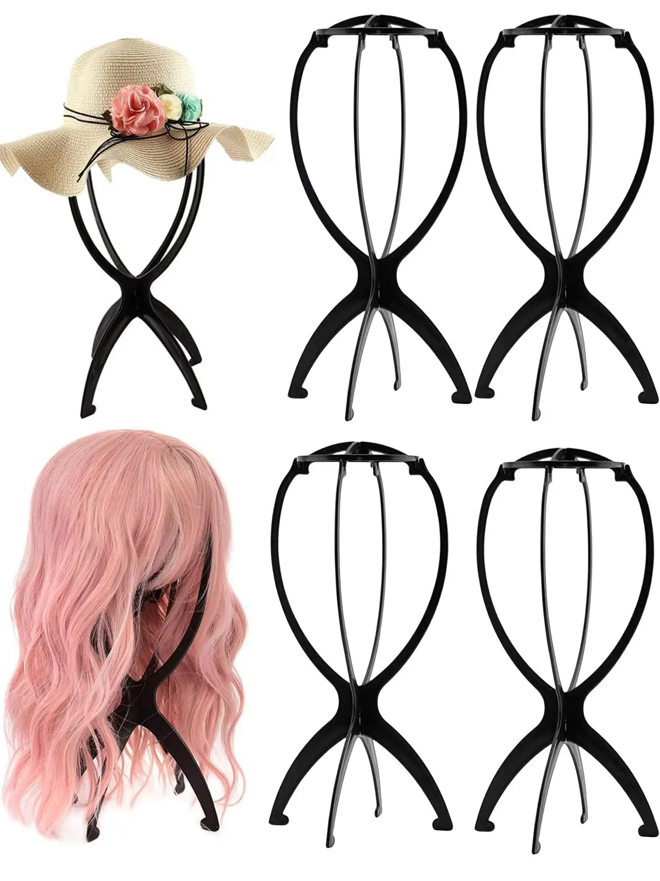 4pcs Wig Display Holder, 2024 New Stylish Portable Short Foldable Wig Stand, Wig Mannequin, Collapsible Wig Display Tool for Multiple Wigs & Hats