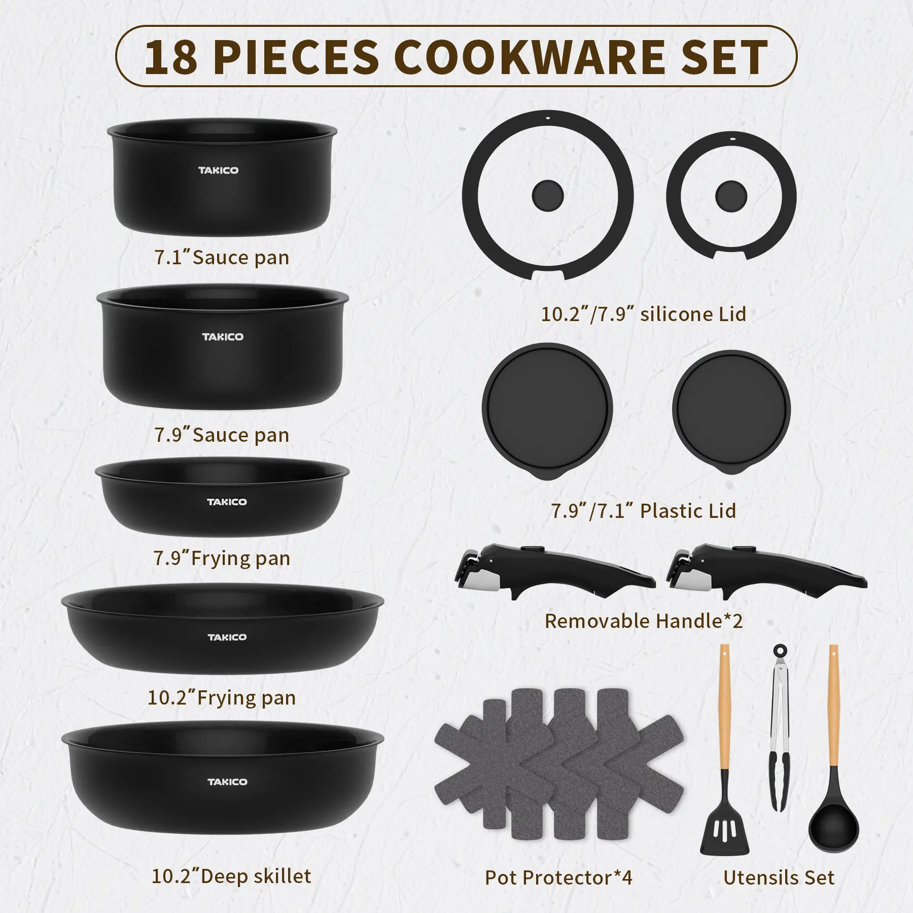 18-Piece Nonstick Cookware Set, Camping Cookware Set,Detachable Handle, Induction Kitchen Cookware Sets Non Stick with Removable Handle, RV Cookware Set, Oven Safe