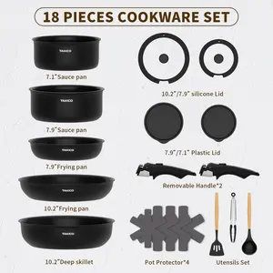 [TikTokShop Mothers Day]18Piece Nonstick Cookware Set, Nonstick Cookware Set Detachable Handle, Induction Kitchen Cookware Sets Non Stick with Removable Handle, RV Cookware Set, Oven Safe Black