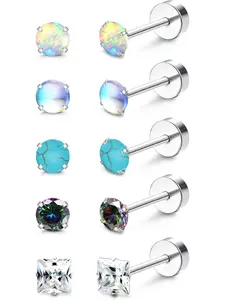 5Pairs G23 Titanium Flat Back Earrings Surgical Stainless Steel Stud Earrings for Women Men Opal Pearl Turquoise Cubic Zirconia Sleeper Cartilage Screwback Earrings Piercing Studs Titanium Earrings for Sensitive Ears Stud Earring Jewelry