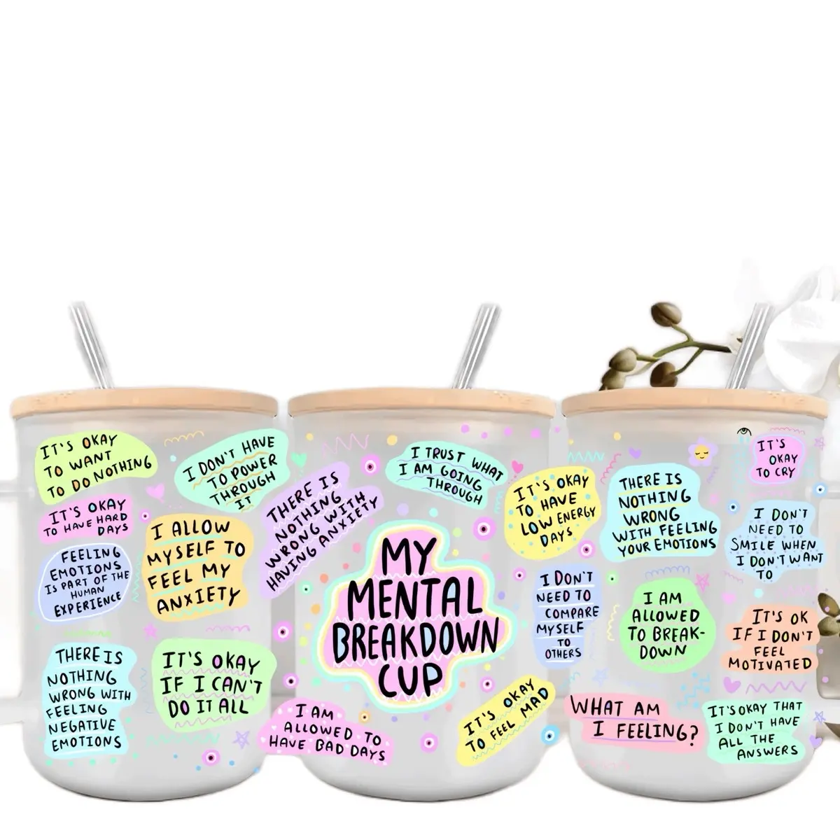 My Mental Breakdown Cup 17oz Glass Mug with Bamboo Lid and Straw,  Drinkware for Hot or Cold Drinks  Stylish trendy mug ceramic coffee unique birthday mugs valentines day