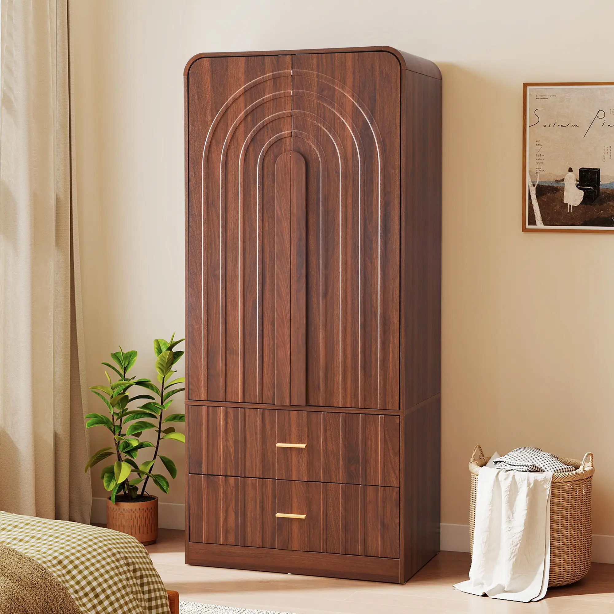 Giratree 70.87" Tall Wooden Wardrobe Closet with Drawers, Large Storage Armoire Cabinet with Hanging Rod & Shelves, Modern Bedroom Clothes Organizer with Magnetic Doors