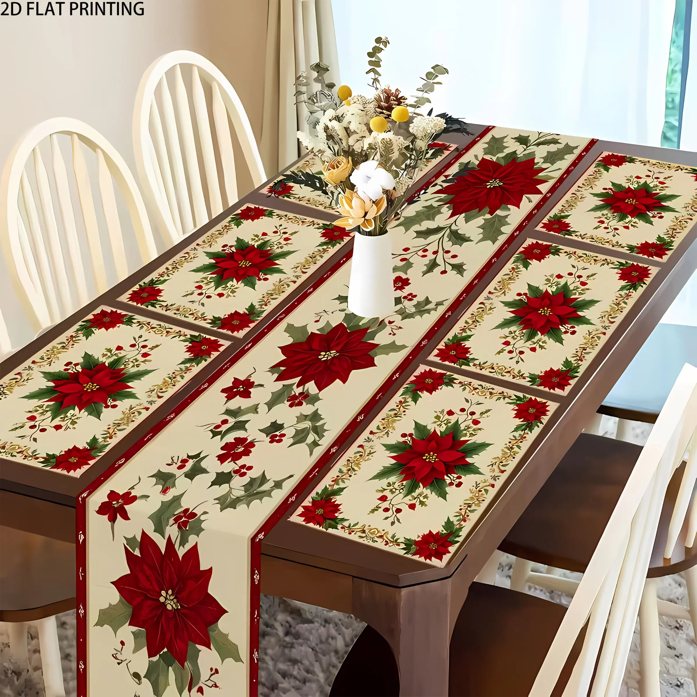 2D flat printing, 1 piece/4 pieces/6 pieces/5 pieces/7 pieces set, Christmas poinsettia holly holiday pattern decoration table flag Floral Pattern placemat set, Holiday Placemats, suitable for table decoration during festivals and family gatherings