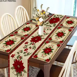 2D flat printing, 1 piece/4 pieces/6 pieces/5 pieces/7 pieces set, Christmas poinsettia holly holiday pattern decoration table flag Floral Pattern placemat set, suitable for table decoration during festivals and family gatherings