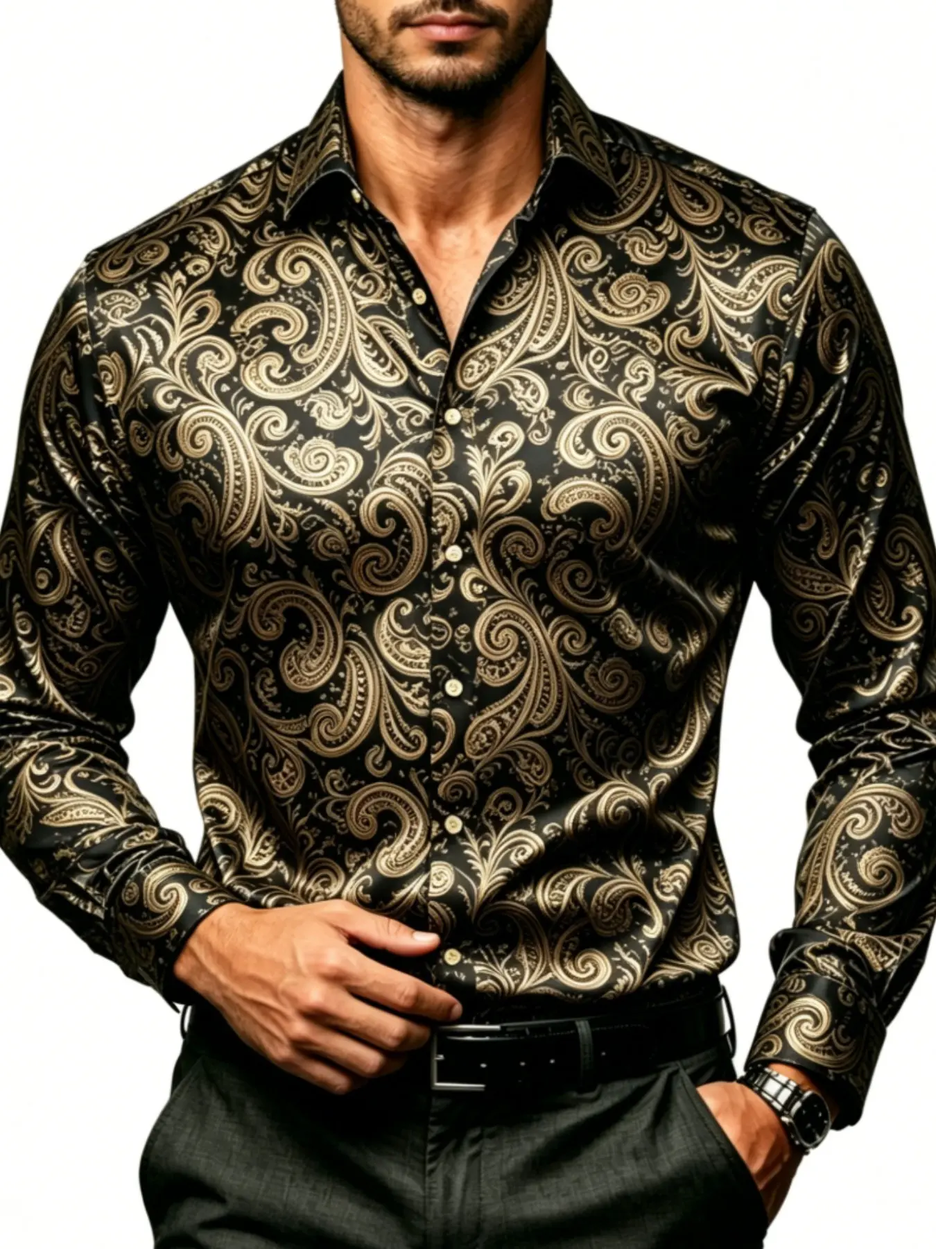 Vintage Men's Satin Baroque Paisley Print Long Sleeve Floral Shirt, Casual Outings Shirt, Casual Collared Top, Slim-Fitting, All Seasons, Menswear