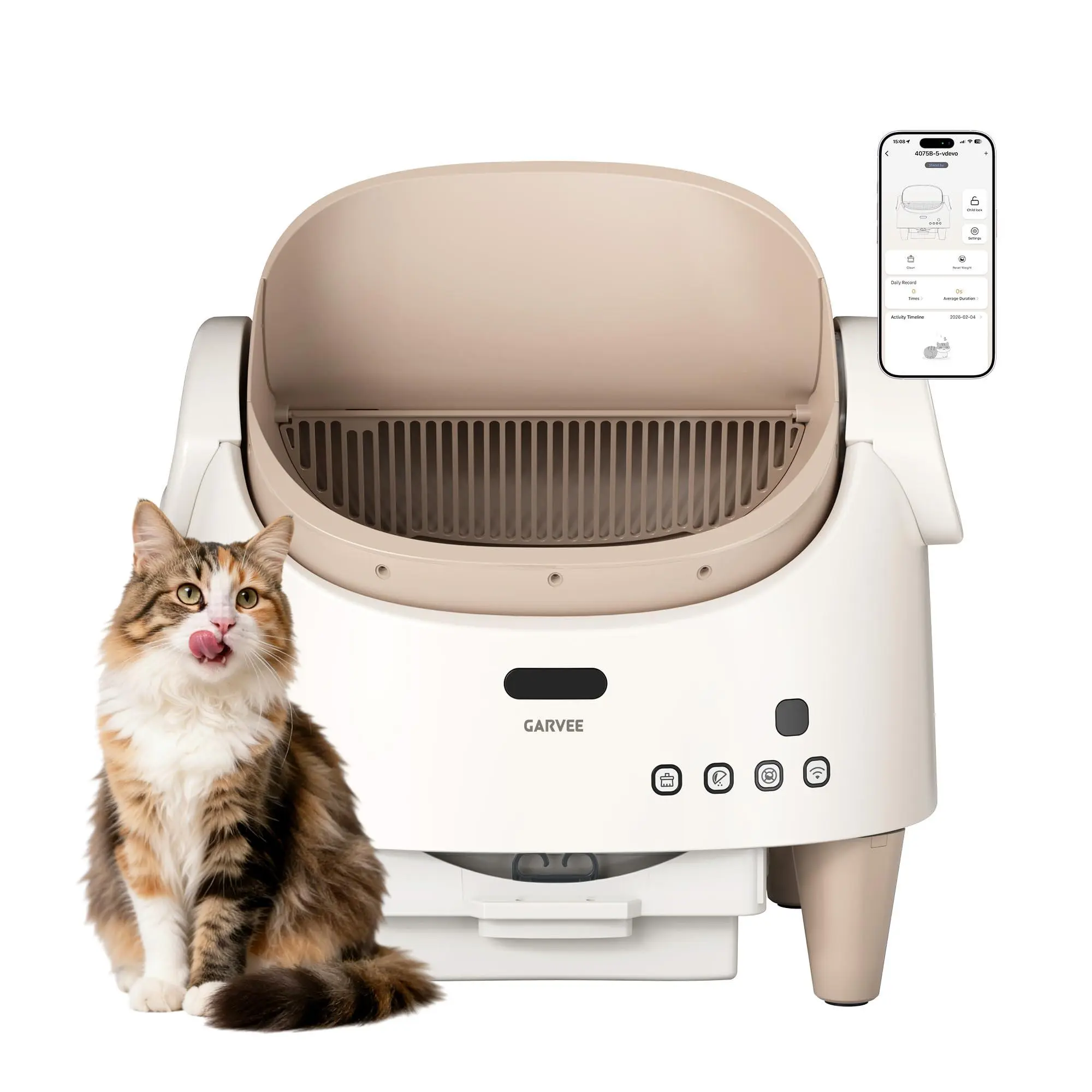 Gaomon Automatic Litter Box - Brown Open-Top Self-Cleaning Electric Cat Litter Box with 15-Layer Safety Protection System, Smart App Control, Adjustable Entry Height, Odor Control