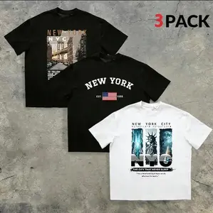 Men’s Loose Street Style T-Shirt Set, 3 Pieces – 100% Cotton, Vintage New York, Legendary 1973, FAFO prints; TikTok trendy urban loose set, city street-style loose casual T-shirts.