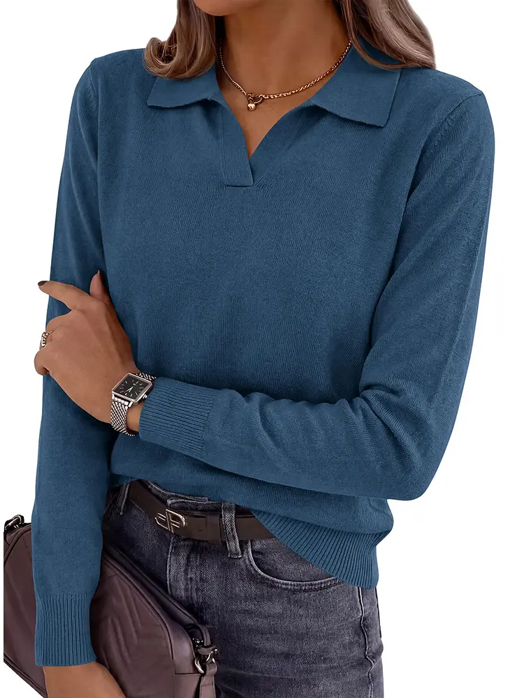 PRETTYGARDEN Women's Long Sleeve Polo Sweater 2026 Collared V Neck Ribbed Knit Pullover Business Casual Work Office Tops