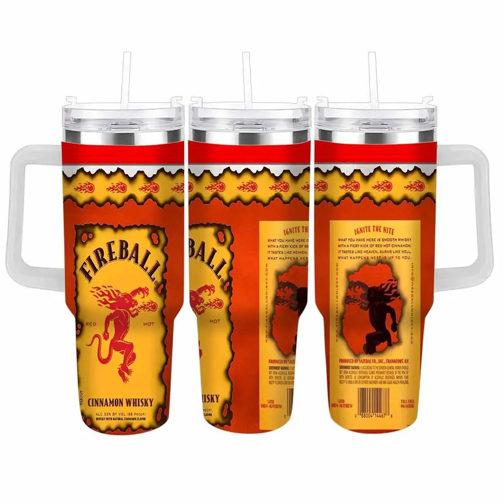 Fireball Cinnamon Whisky Inspired Stainless Steel Vacuum Flask Tumbler (30oz-40oz Capacity) - Sleek Silver Rim, Flame Print Flaming Dragon Graphic, Double Wall Insulation, Lid, Durable Straw Included - Tailgating, Camping Gift Drinkware