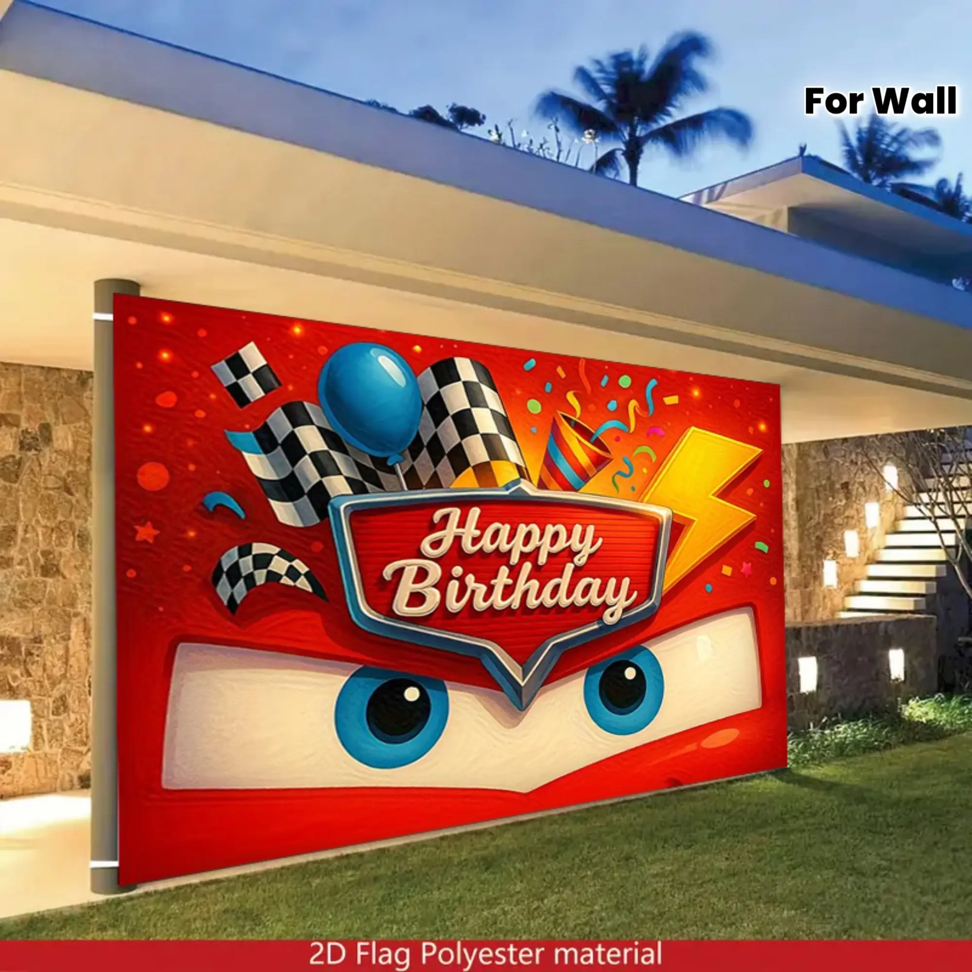 2D flat cartoon car birthday banner, photography backdrop, home decor, suitable for living room/party decoration/birthday backdrop/office/bedroom, enhances feelings of happiness, modern minimalist style, versatile