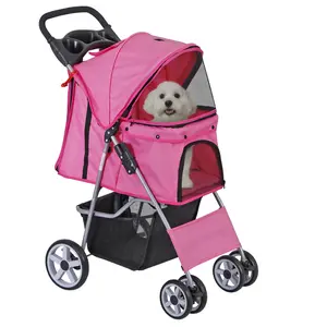 NOVA 4 Wheel Pet Dog Pink Stroller Foldable Cart Max 33lbs W/Storage Basket & Cup Holder