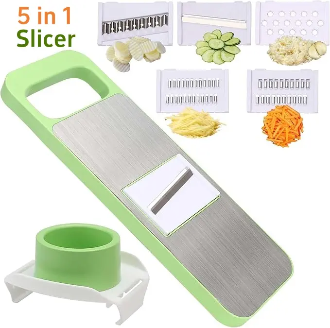 5-in-1 Multi-Functional Plastic Vegetable Slicer Shredder - Manual Home Supplies Kitchen Gadget with 5 Interchangeable Blades, Safe Hand Guard, Compact, Easy to Clean, Dishwasher Safe for Potato, Carrot Prep, Meal Prep, Healthy Meal Prep