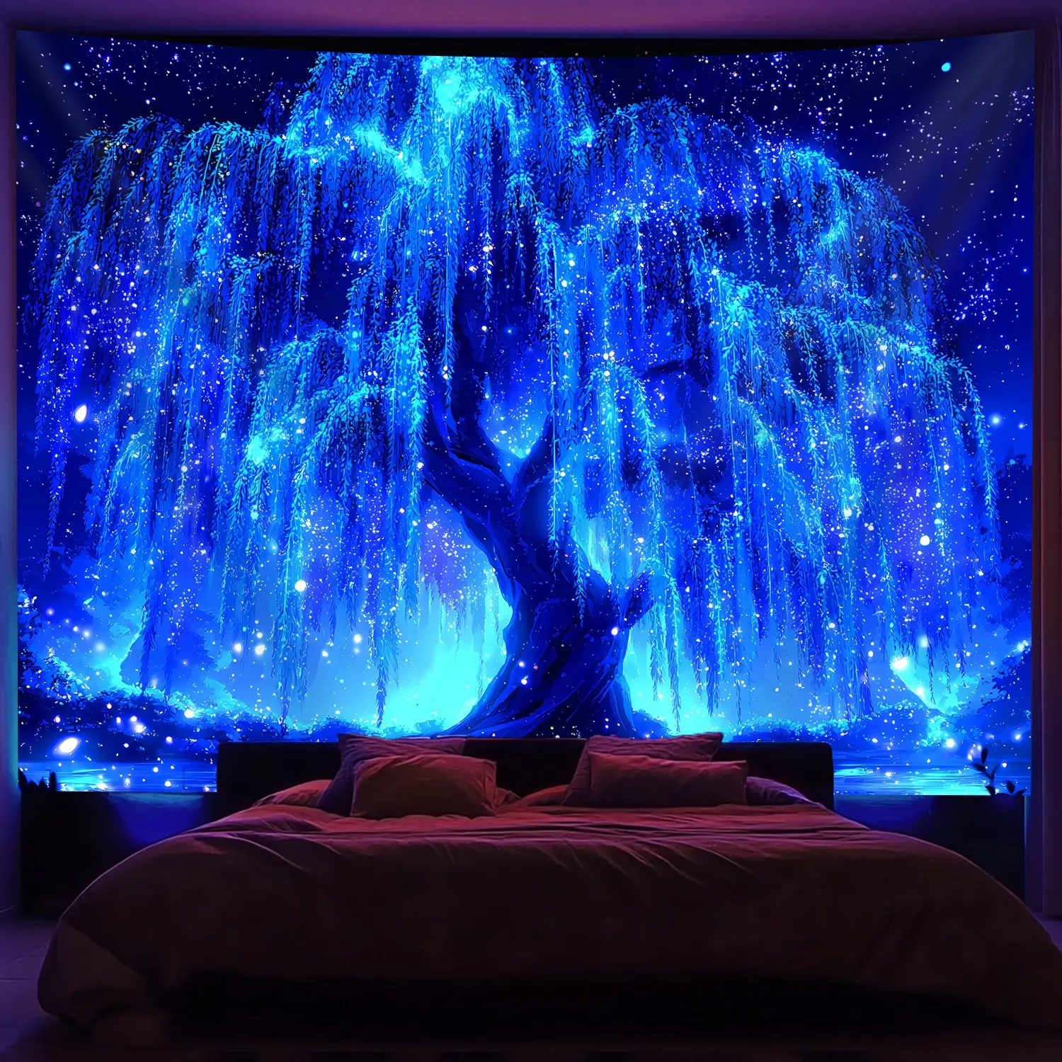 Shimmering Starry Sky Pattern Life Tree Banner Tapestry, Wall Tapestries, Printed Decorative Wall Hanging for Bedroom Aesthetic, Party Celebration Decor, Home Decoration