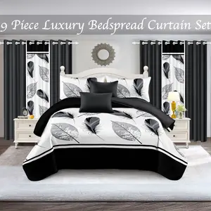 comfy Super Soft 9 pieces Luxury Microfiber Bedding Set ( Bedspread Curtain Pillowcase ) Black and White Design Perfect for home farmhouse Bedroom living Room dorm decor With Gift Bag Christmas bedset