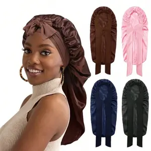 Women's Elastic Tie Band Long Satin Silk Bonnet for Long Curly Hair Gentle Hair Care Sleeping Cap with Smooth Texture and Soft Inside Shower Accessory Bonnets Set Black
