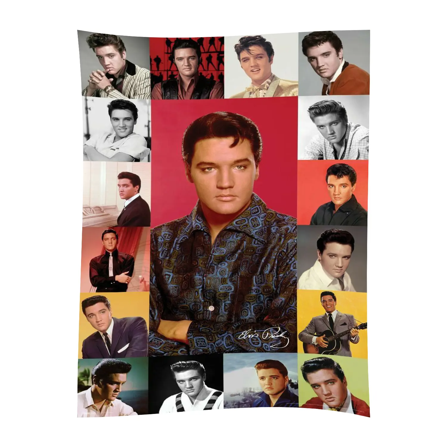 Retro Elvis Presley Mosaic Portrait Graphic Polyester Fleece Blanket - Classic Rock Elvis Tribute Throw for Sofa Bed, Vintage Music Lover Home Room House Decor