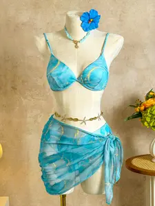 New Elegant Floral Print 3-Piece Set, Sexy Front Tie Lounge Wear for Beach, Vacation, Sports & Fitness, Summer Slim Fit Style, Bikini Swimsuits, Floral Print Bikinis