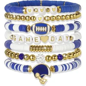 Graduation Gift Sporty Chic Bracelets for Women Vibrant Blue White Red Gold Stretch Heishi Clay Beaded Bracelets Stylish Stackable Bangles for Game Days Casual Special Occasions Football Mom Jewelry Gift