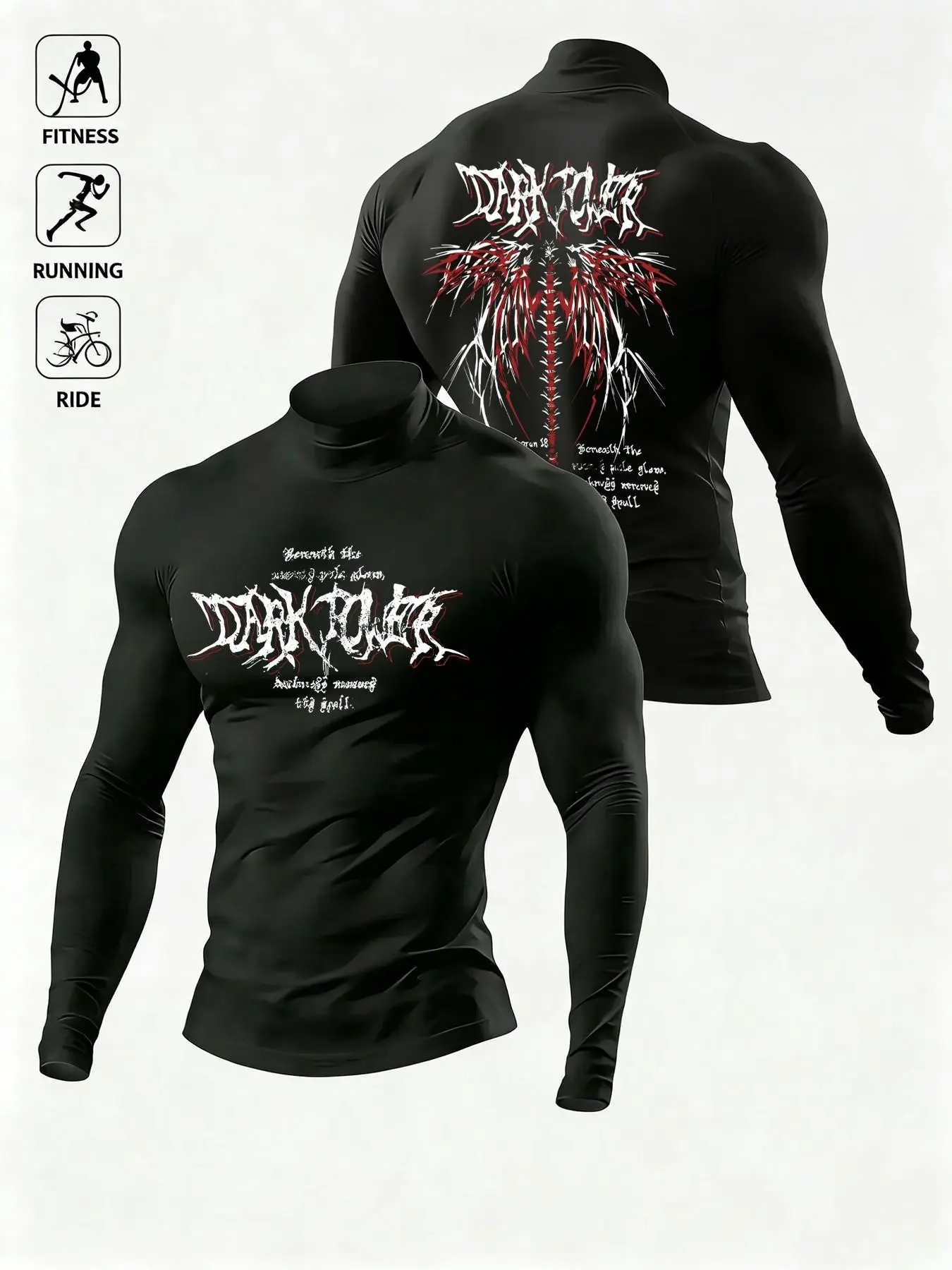 Men's Gothic Compression Shirt, Gym Workout Tops Fitness Apparel - Mock Neck Muscle Fit Long Sleeve Gym Top Shirt with Wing Graphic - High Performance Quick-Dry Base Layer for Bodybuilding, Powerlifting and Hardcore Fitness - High Performance Activewear