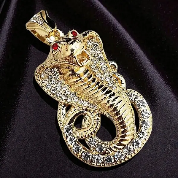 MaxBling81 Men's Large Cobra Pendant, Gold-Silver Plated Metallic Hip Hop Jewelry with Iced Out Glossy Cubic Zirconia, Animals, Snake, Male, 15Mm Chain, Charms & Pendants, Hip Hop Necklace, Iced Out Cz, Snake Motif, Daily, Jewellery Pendant, Casual Wear