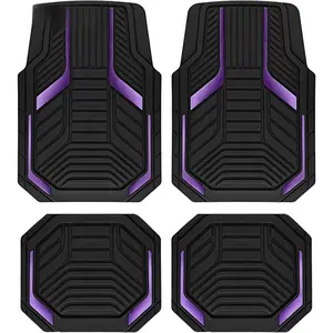 Heavy Duty Rubber Floor Mats Purple Aluminum Film Car Mats Set Front & Rear Anti-Slip All Weather Protection Trim-to-Fit for SUV Sedan Van Car Interior Accessory Set