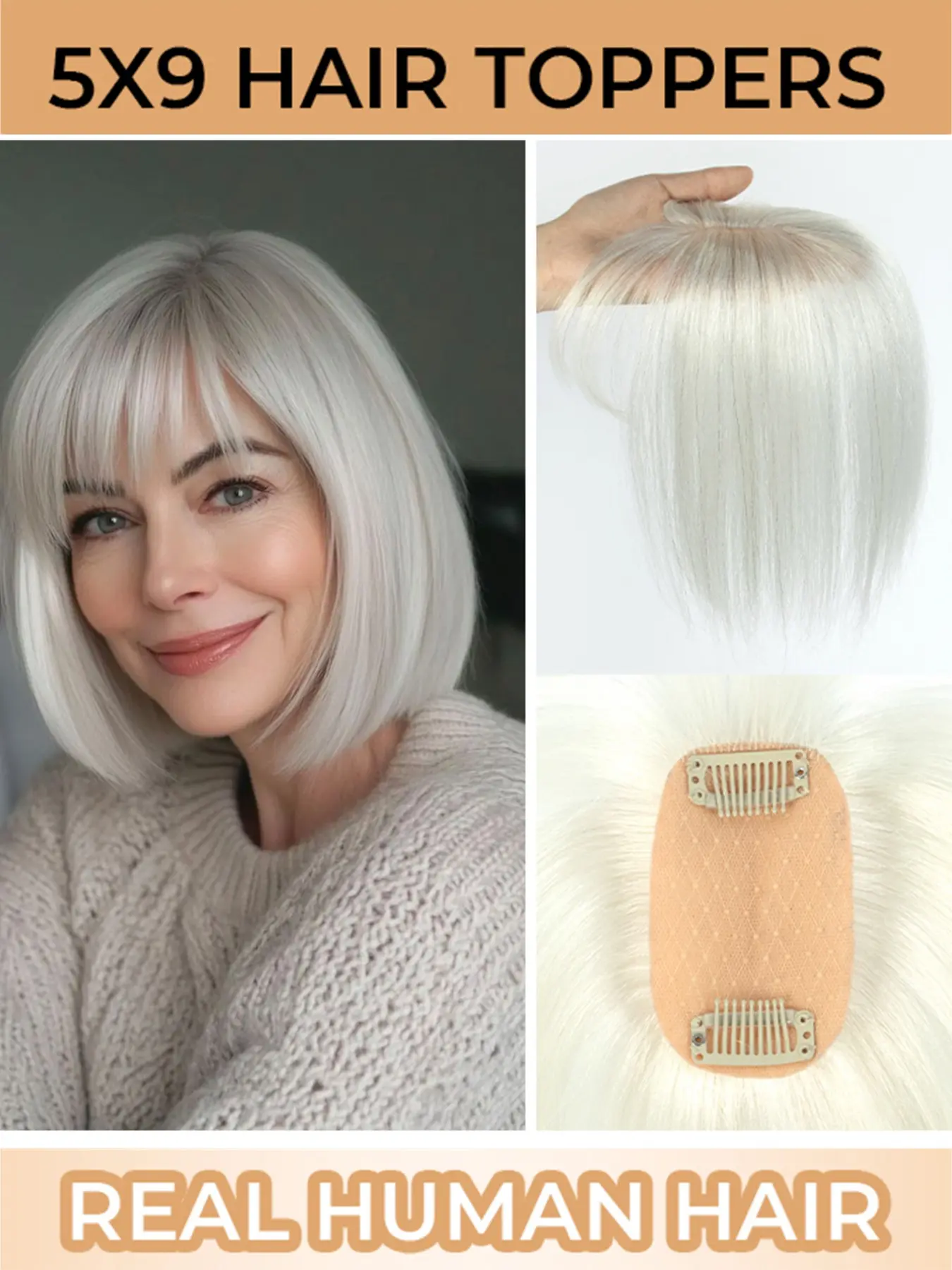 5*9 Human Hair Topper with Bangs Straight Style, Natural Appearance, Natural Looking Hair, Covers Gray Hair, Suitable for Daily Wear and Special Occasions, Designed for Women with Hair Loss or Thinning Hair, Multiple Colors, Real Human Hair