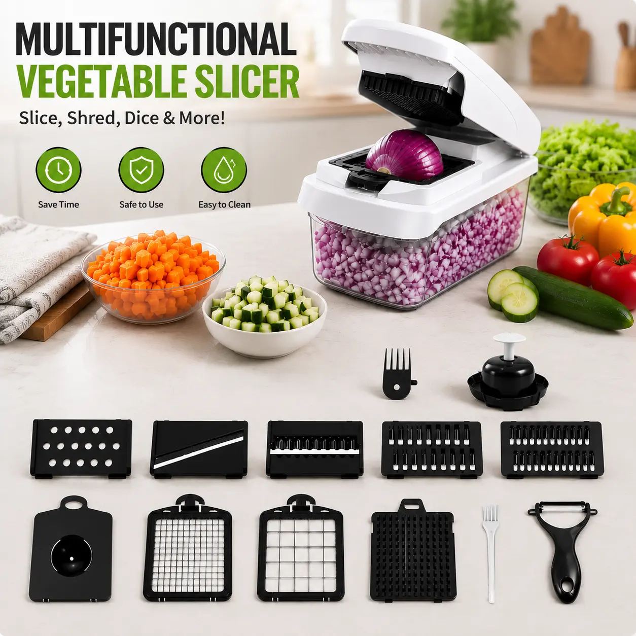 16-in-1 Vegetable Chopper & Spiralizer - Multi-Function Mandoline Slicer with 8 Interchangeable Blades, ABS Metal Construction, Onion Tomato Dicer, Potato Cutter, Cheese Grater, Dishwasher Safe Kitchen Gadget for Slicing, Shredding, Diced Prep, Slicing, S