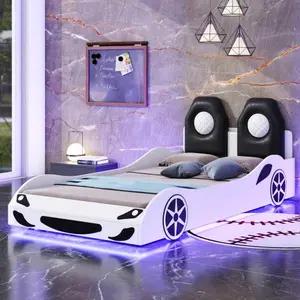 Twin Size Platform Bed with LED and Upholstered Backrest, Wood Race Car-Shaped Bed Frame with Sturdy Slats, No Box Spring Needed