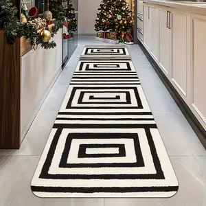 1piece Contemporary Black & Off-White Classic Geometric runner area rug featuring superior velvet quality. Advanced printing creates crisp, lasting images. Complements bedroom, kitchen, bathroom decor beautifully. Safe, non-slip surface that's easy to cle