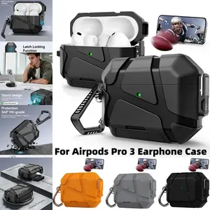 Lock Case For AirPods Pro 3 with Carabiner and Invisible Stand Military Armor Design with Lanyard Cleaning Pen Earphone Protective Cover For AirPods Pro 3