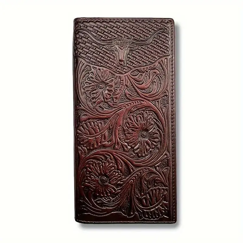 Western Men's Full Grain Leather Checkbook Wallet Large Capacity Vintage Cowboy Retro Design Ox Head Embossed Leather Long Wallet Card Holder,Perfect Gift for Teacher's Day, Valentine's Day