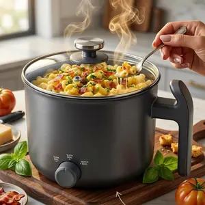Noodle Express Electric Hot Pot 1.25 Quarts PFAS-Free Ceramic Nonstick Cooker with Tempered Glass Lid Dual Heat Settings Cool-Touch Handle Portable for Noodles Soup Stew Quick Meals Grey