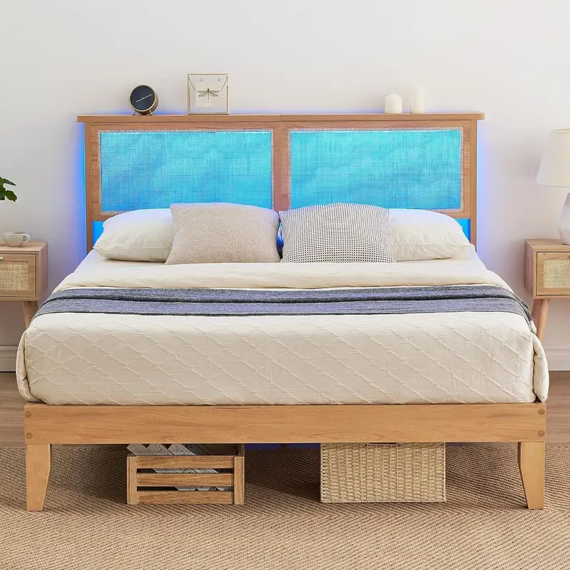【Christmas Gift】Queen Size Bed Frame with Rattan Headboard Full Size Bed Frame with LED Lights Storage Headboard No Box Spring Needed Easy Assembly Father's Day Gifts