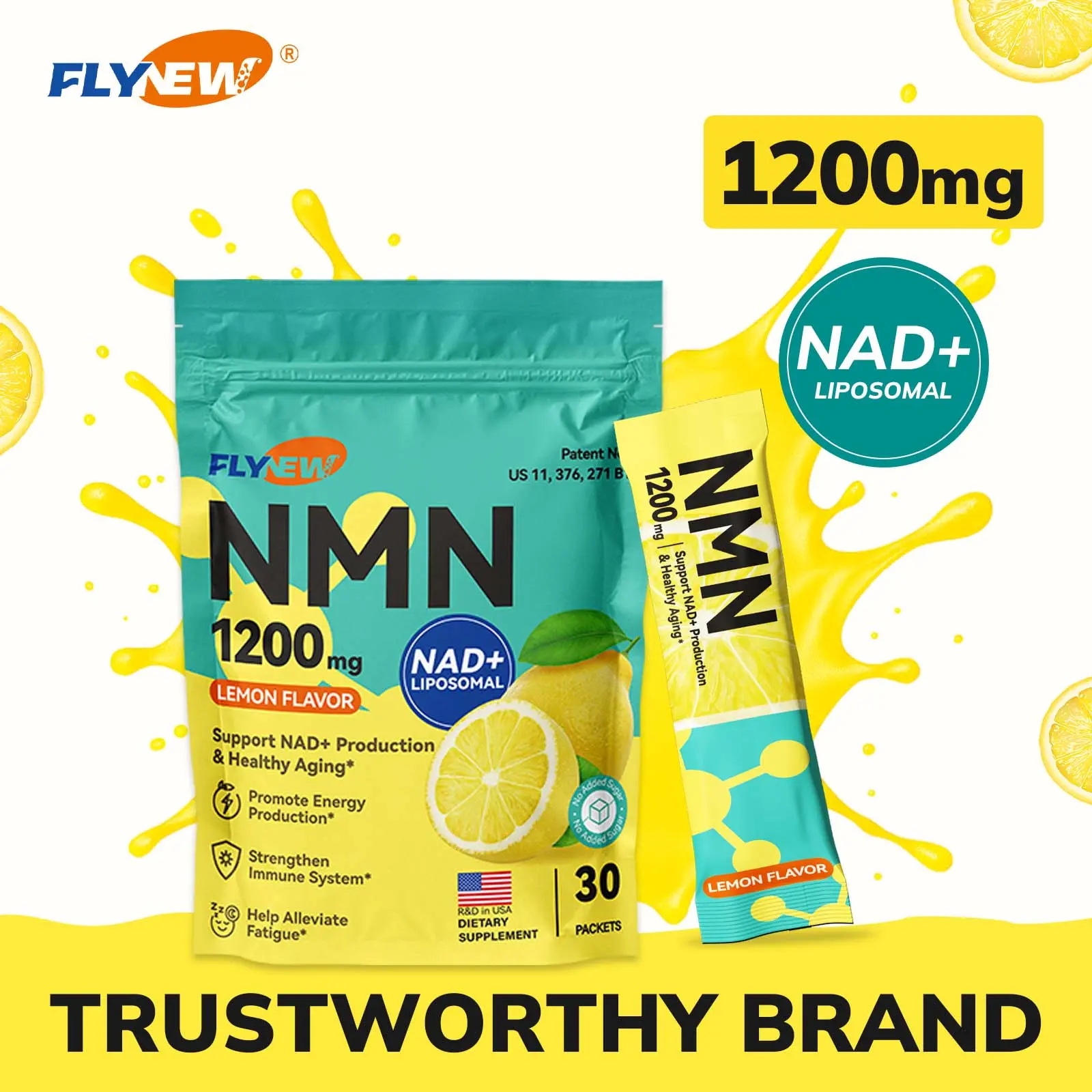 Flynew 1200mg NMN Lemon Flavor Dietary Supplement Powder - Cellular Energy, Cognition Support, Skin Aging Support - Concentrated Daily Nourishing Drink Mix, 30 Pack, Cellular Energy Supplement